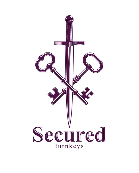 Crossed Keys Dagger Vector Symbol Emblem Turnkeys Sword Protected Secrets — Stock Vector