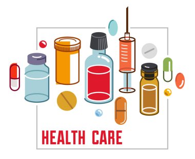 Eczane eczane broşürü, büyük bir ilaç kompozisyon seti vektör düz illüstrasyon, reklam afişi sağlık hizmetleri ve iyileştirici tıbbi tema tasarımı.