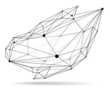 Boyutsal kafes ağ vektörü soyutlaması, üç boyutlu çokgen tasarım soyut şekil beyaz üzerine izole edilmiş, çizgiler ve perspektifli noktalar ile bilimsel dijital dinamik bağlantılar.