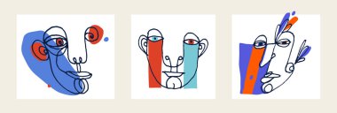 Soyut yüz vektör portresi seti, soyut sanat adamı kafası, el çizimi minimal modern sanat eseri, insan yüzü soyutlaması.