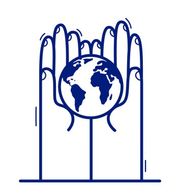 Dünya ikonuna sahip iki el, ekoloji konsepti için beyaz, şefkat ve savunma üzerine izole edilmiş düz vektör stili illüstrasyon gösteriyor ve koruyor..