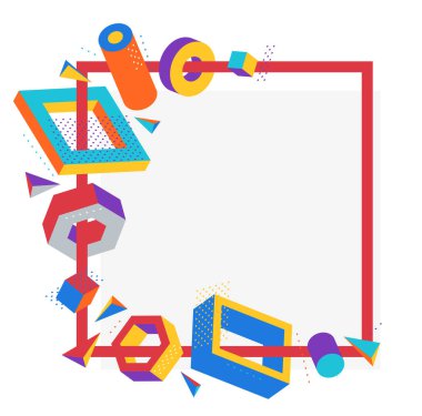 Parlak renkli ve pozitif 3B tasarım elemanları vektör çerçevesi beyaz arkaplan, kutular ve silindirler ve diğer şekiller üzerinde izole edilmiş basit moda sınır.