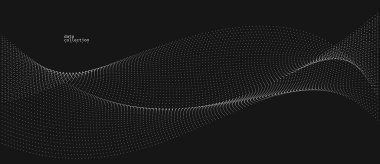 Hareket vektöründeki gri noktalar siyah üzerine soyut arkaplan, parçacıklar dalgalı akış dizisi, hareket, teknoloji ve bilimsel illüstrasyondaki eğri çizgiler.
