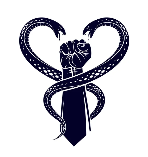 紧握拳头 双手环绕着两条蛇 经典文体纹身矢量古老的符号 心形蛇缠绕着人的胳膊 — 图库矢量图片