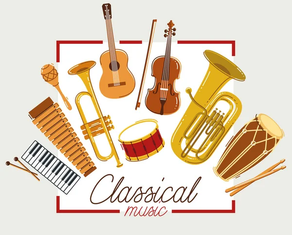 Klassiska Musikinstrument Affisch Vektor Platt Stil Illustration Klassisk Orkester Akustisk — Stock vektor