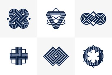 Logo oluşturma için grafik tasarım ögeleri, iç içe geçmiş çizgiler vintage biçim simgeleri koleksiyonu, soyut geometrik doğrusal semboller vektör kümesi.