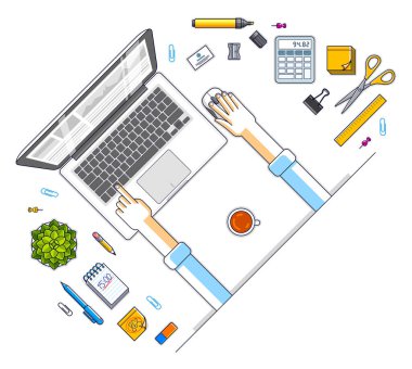 Ofis Resepsiyon çalışma alanı en iyi manzaralı ofis çalışanı veya girişimci, Pc defter ve çeşitli ileti örneği nesneleri iş için elinde. Tüm öğeleri ayrı ayrı kullanımı kolay. Vektör çizim.