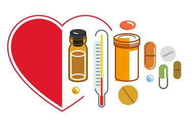 Kalp şeklinde bir sağlık kliniği veya hastane broşürü, büyük bir ilaç kompozisyon seti vektör düz illüstrasyon, reklam afişi sağlık hizmetleri ve iyileştirme teması tasarımı.