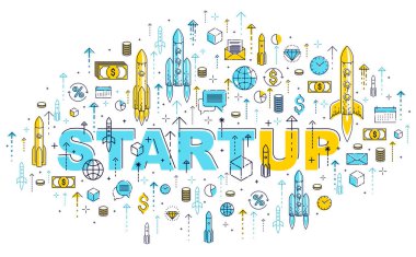 Başlangıç roketleri kalkıyor, uzay roketleri uçuyor iş konsepti, vektör illüstrasyonu.