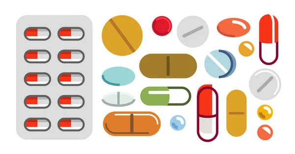 Different Medical Pills Vector Simple Flat Illustrations Icons Set Isolated — Stock Vector