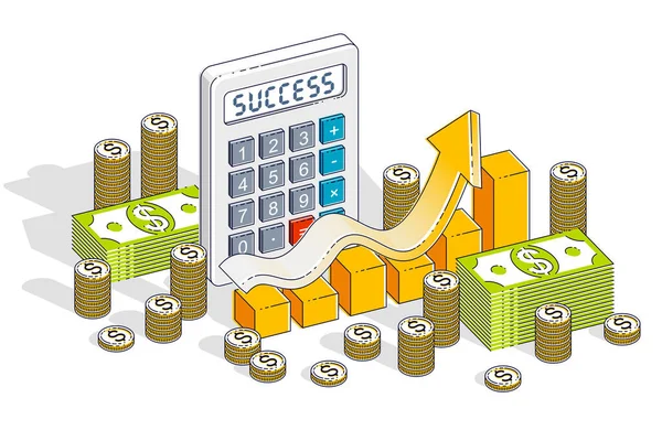 Business Succes Inkomen Groei Concept Rekenmachine Grafiek Met Pijl Cash — Stockvector