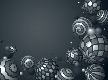 Gerçekçi dekore edilmiş metalik küreler vektör illüstrasyonları, güzel parlak metal topları ile soyut arkaplan desenleri ve alan etkisi derinliği, 3 boyutlu küreler tasarım sanatı.