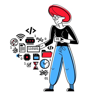 Computer engineer in work vector outline illustration, programmer and system administrator doing his job with some operating system, 