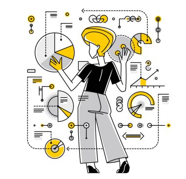 Intellectual worker woman making analysis of some data on pc or web, data systematization, collecting and analyzing information, vector outline illustration.