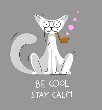 Komik çizgi film kedisi oturmuş pipo tüttürüyor. El yazısı çizimi, yazı karakteri çizimi, illüstrasyon ya da poster..