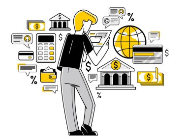 Online banking vector outline illustration, manager working with finances or customer manages his account with deposit or credit, e-banking.