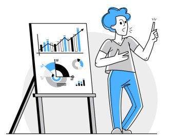 Business training vector outline illustration, coach instructor teaches people in a seminar conference about business and finance, skill-up.