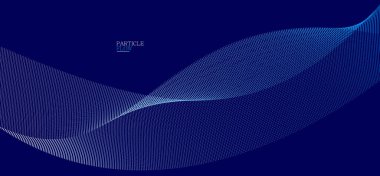 Koyu mavi parçacıklar akış vektör tasarımı, dalgalı noktalar dizisi ile soyut arkaplan, dijital fütüristik illüstrasyon, nano teknoloji teması.