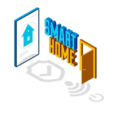 Akıllı ev IOT konsepti elektronik modern ev vektörü izometrik illüstrasyon, akıllı güvenlik, uygulama uzaktan otomatik gelecek teknolojisi.