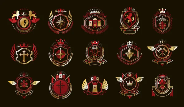 Heraldic Coat Arms Vektör Seti Antika Heraldik Rozetler Ödüller Koleksiyonu — Stok Vektör