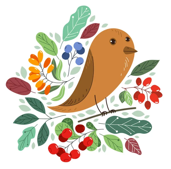 Small Cute Bird Branch Surrounded Wild Berries Leaves Vector Flat — Stockvector