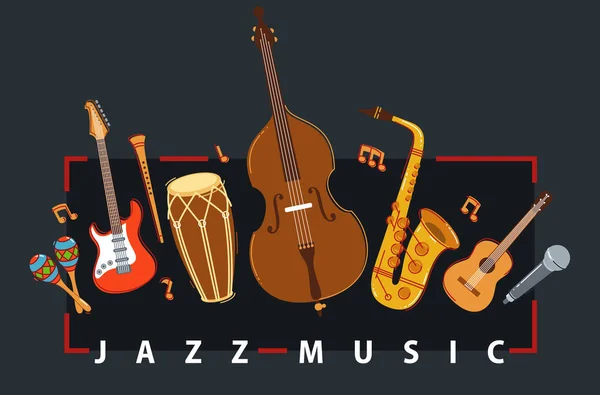 Cartaz Banda Música Jazz Diferentes Instrumentos Vetor Plana Ilustração Branco — Vetor de Stock