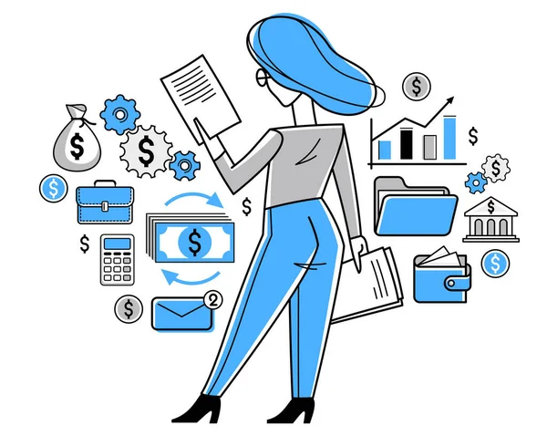 Persona Affari Analizzando Organizzando Offerte Finanziarie Illustrazione Schema Vettoriale Donna — Vettoriale Stock