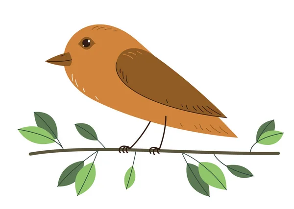 Petit Oiseau Mignon Sur Une Branche Entourée Feuilles Vecteur Plat — Image vectorielle