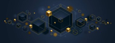 Altın elementlere sahip küp kümeleri ve noktalar vektör soyut arkaplan, 3 boyutlu soyut VIP lüks tarz, mücevher klas zarif geometrik tasarım, parlak altın rengi.