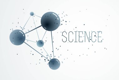 Moleküller vektör soyut arkaplan, 3 boyutlu bilim kimyası ve fizik tema tasarım elementi, atomlar ve parçacıklar mikro nano bilimsel gösterim.