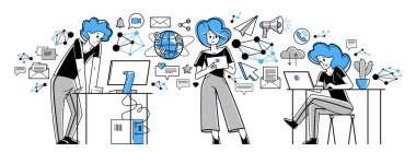 Working online team doing some creative job vector outline illustration, remote virtual working freelancers or a part of coworking team.