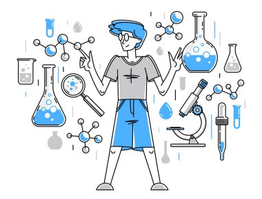 Chemical experiment and research, scientist working with some molecules in chemistry laboratory, vector outline illustration for science and pharma theme. clipart
