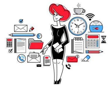 Office worker doing everyday job vector outline illustration, career in company for employee, business and paperwork, manager.