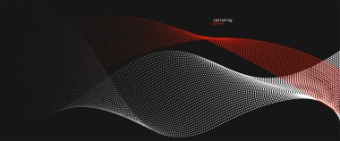 Soyut arkaplan vektör illüstrasyonu, eğri çizgileri ile hareket eden kırmızı ve siyah noktalar, izole parçacık akışı dalgası, tek renkli siyah ve beyaz illüstrasyon.