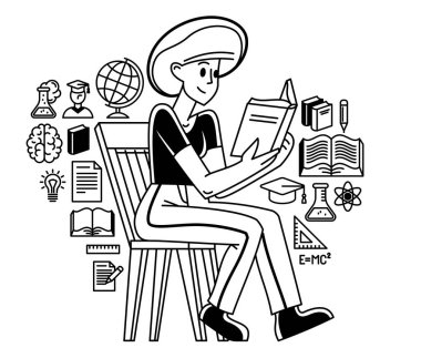 Education in university or collage, student is doing homework or preparing for exam, vector outline illustration, study sciences and graduate.