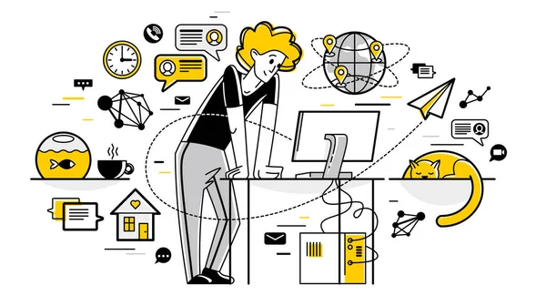 Freelancer Working Home Vector Outline Illustration Self Employed Person Busy — Stok Vektör
