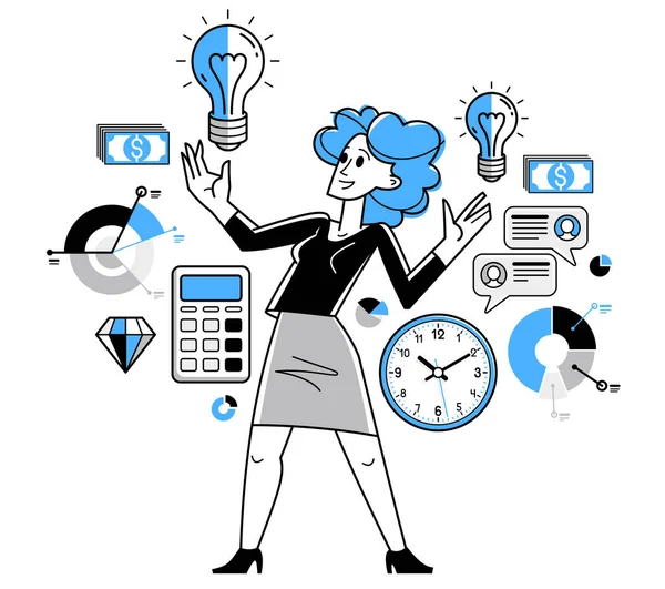 创业成功的女企业家 思考并洞察解决方案与发展的商人手中的商业理念灯泡 — 图库矢量图片