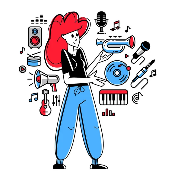 Music Producer Composing New Track Vector Outline Illustration Sound Engineer — 图库矢量图片