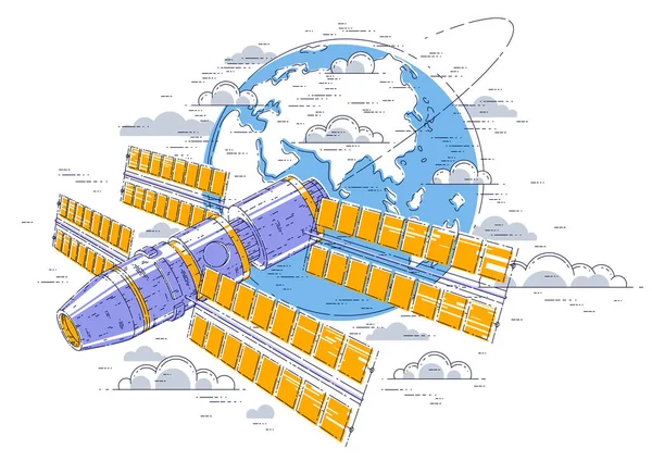 Raumstation Orbitalflug Die Erde Raumschiff Mit Sonnenkollektoren Künstlicher Satellit Thin — Stockvektor