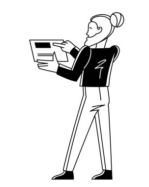 Young person using tablet for work or education vector outline illustration, online business or shopping.
