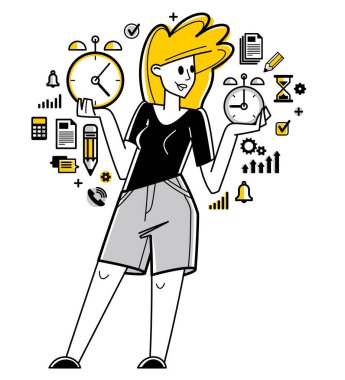 Business worker planning tasks and create time management vector outline illustration, productivity multitask prioritization, deadline and zero hour.