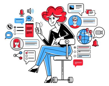 Video chat, young people are speaking remote about business and work, vector outline conference, online chatting team of workers, online conference webinar.