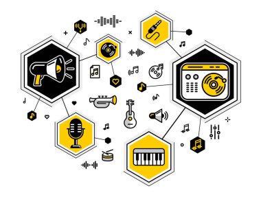 Music producing composing new track vector outline illustration, sound engineering in recording studio, composing creating audio mix.