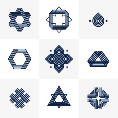 Soyut geometrik doğrusal semboller vektör seti, logo oluşturma için grafik tasarım unsurları, iç içe geçmiş çizgiler vintage biçim simgeleri koleksiyonu.