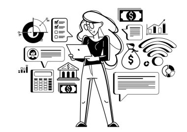 Business woman analyzing and organizing financial deals online vector outline illustration, entrepreneur company leader working on commercial project on internet.