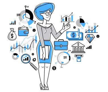 Finansal veri vektörü analizcisi illüstrasyon, yatırım ve bütçe sorunları, kadın finans danışmanı, yatırımcı.