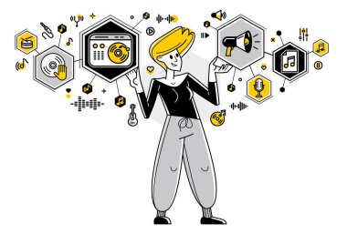 Sound engineer mixing new song in audio recording studio, vector outline illustration of a musician composer doing his job producing new beat.