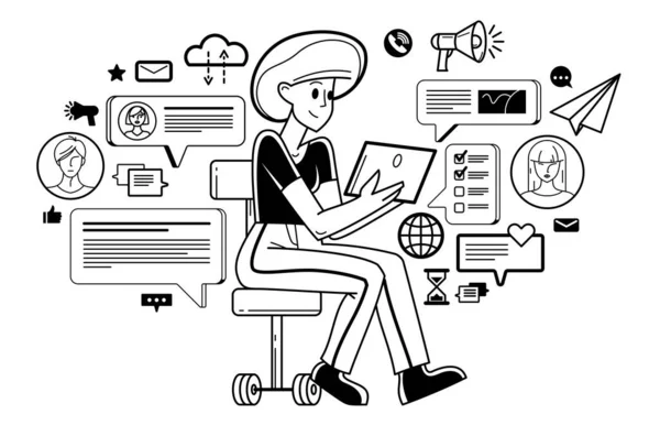 Working Online Person Doing Some Creative Job Vector Outline Illustration — Stockvector