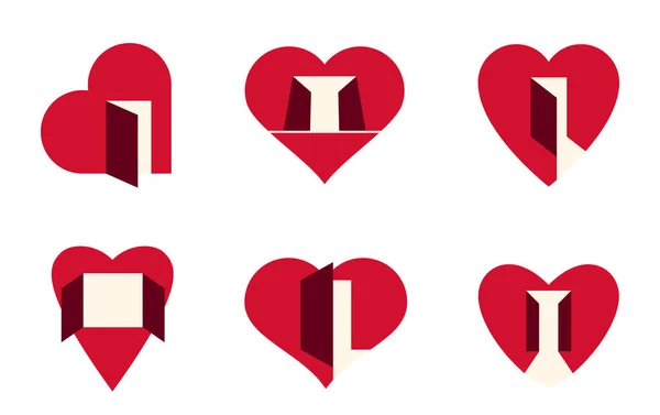 Hearts Open Doors Vector Simple Icons Logos Set Graphic Design — Διανυσματικό Αρχείο