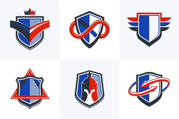 Classic Shields Shapes Set Different Additional Elements Vector Symbols Set — Vettoriale Stock